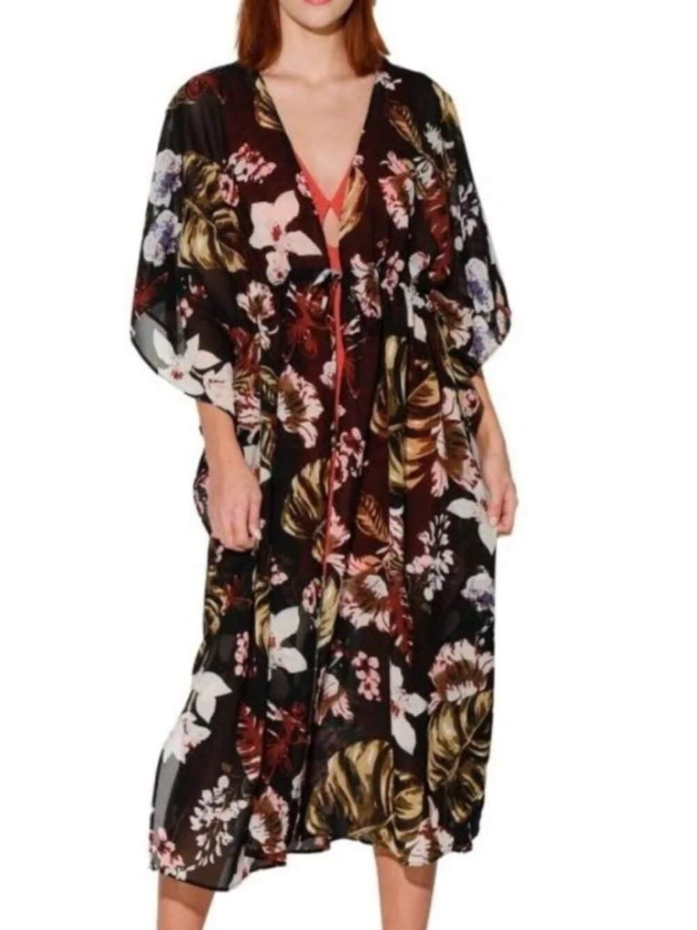 Walter Baker Tulum Caftan Womens One Size Black Floral Tropical Tie Kimono Sheer